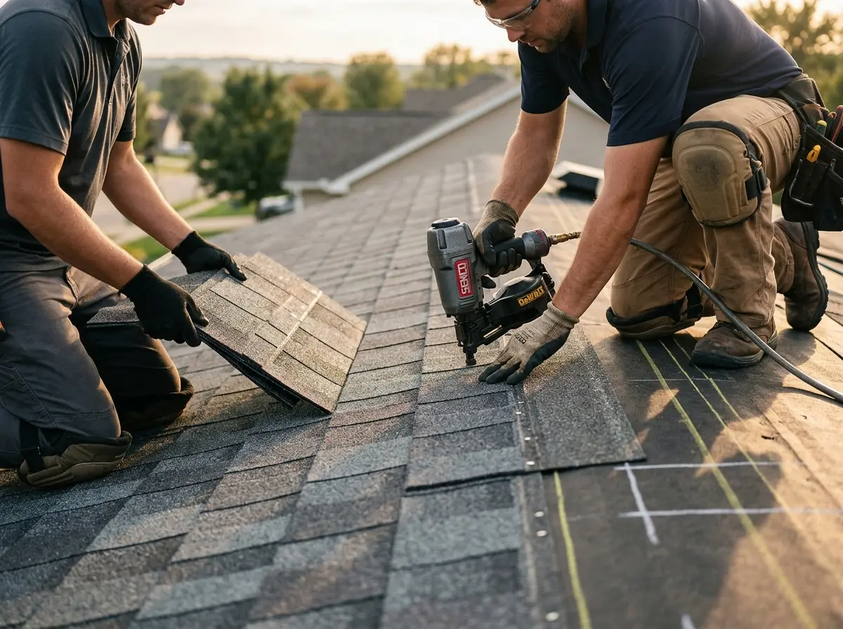 Professional roofer working on a residential roof in Ranchettes